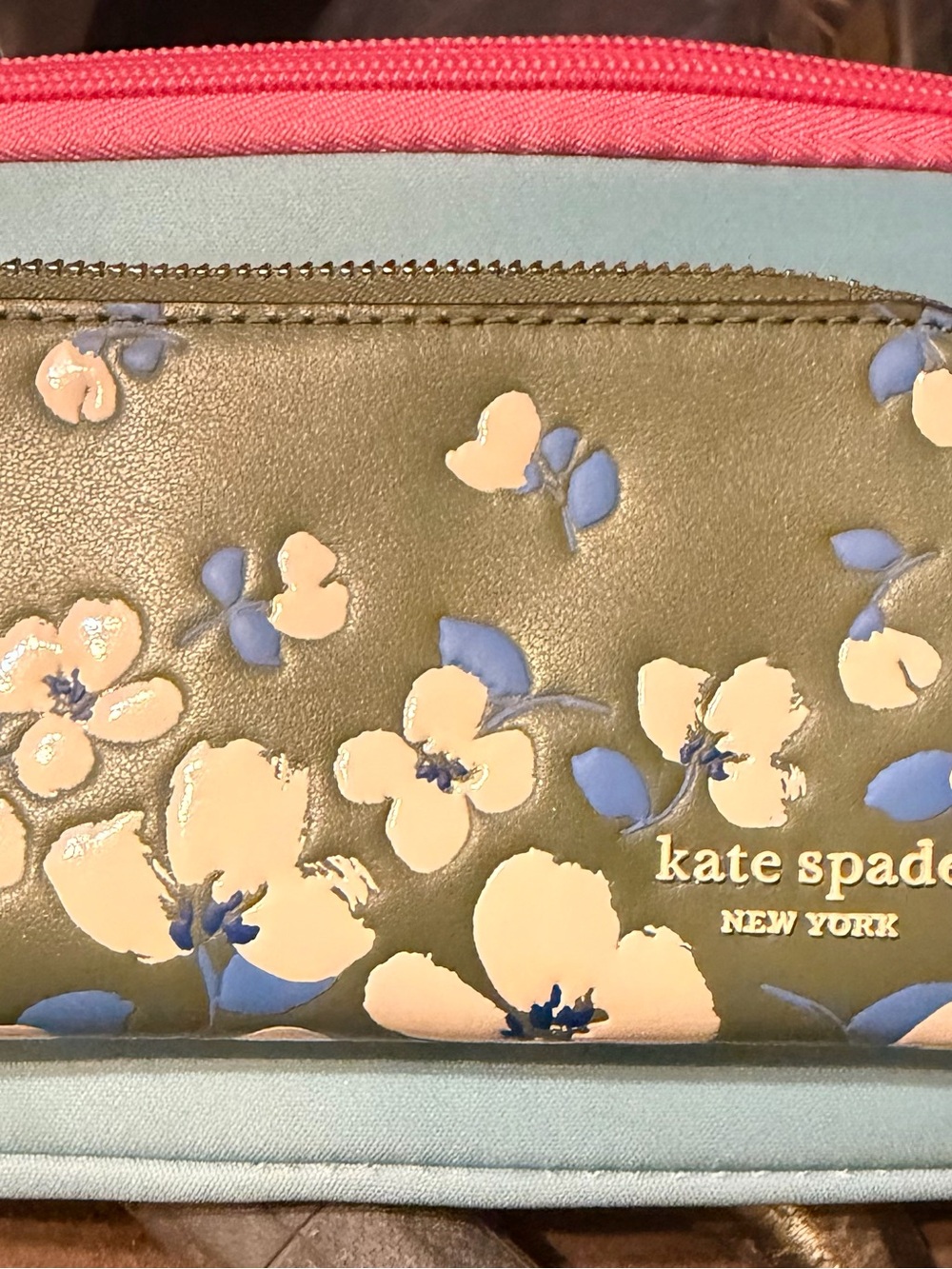 kate spade Olive Floral Zip Pouch with Pink Trim